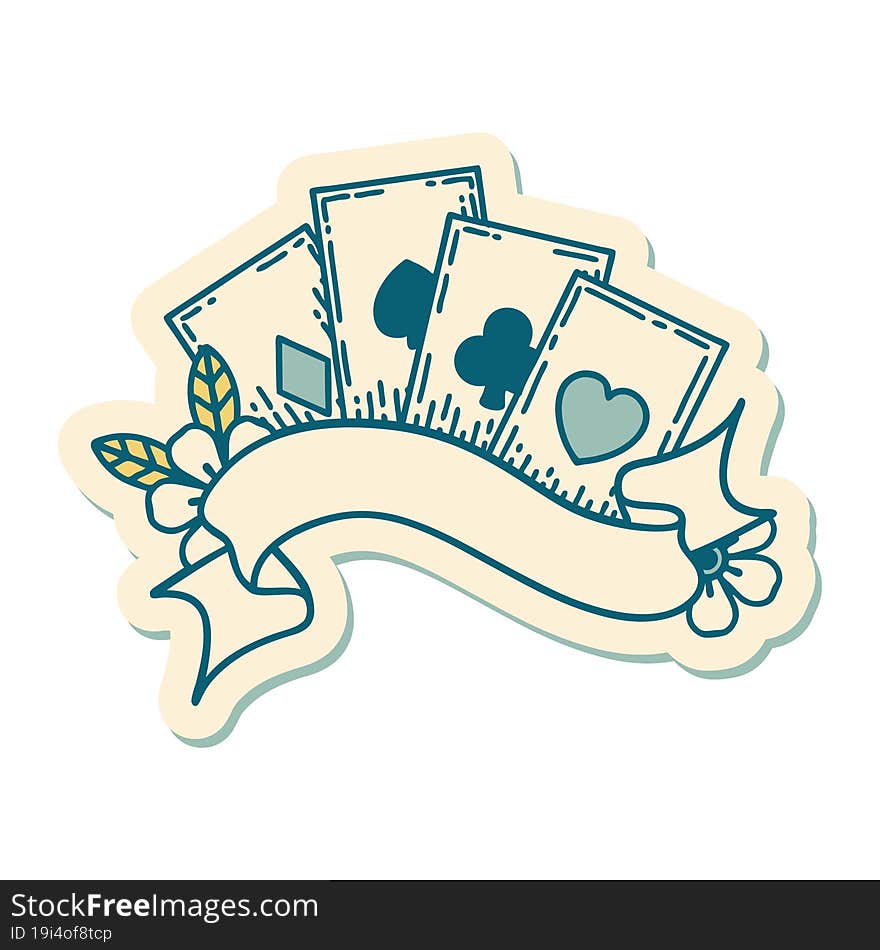 tattoo style sticker of cards and banner