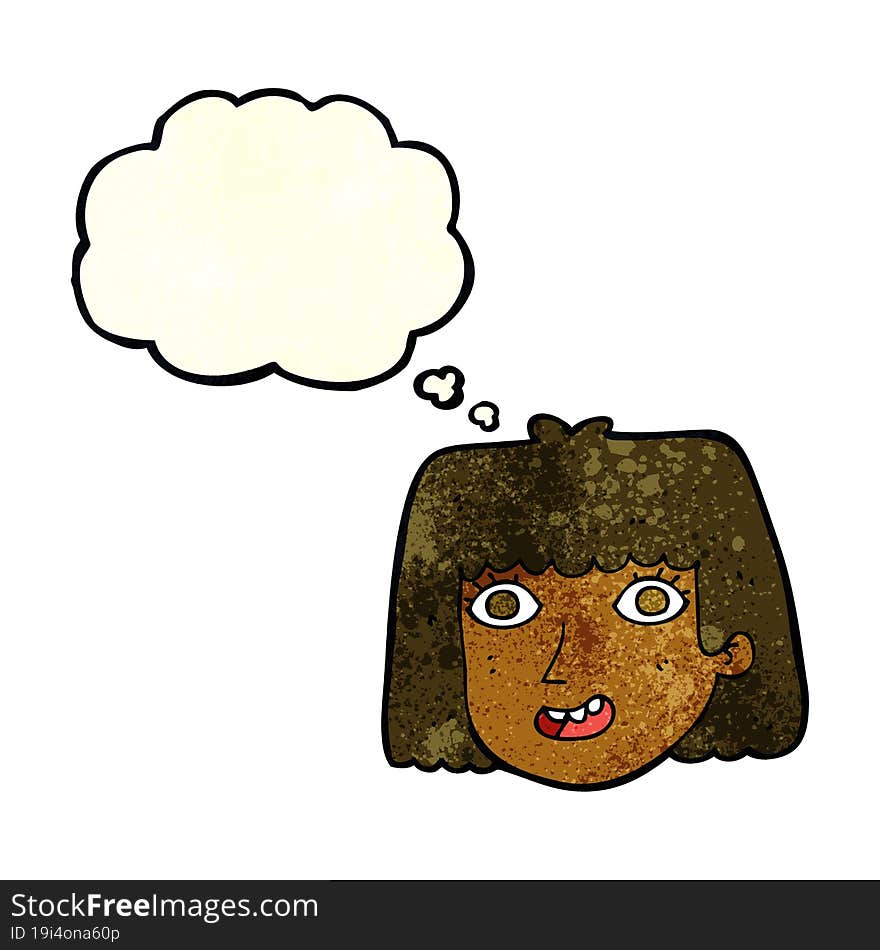 cartoon happy female face with thought bubble