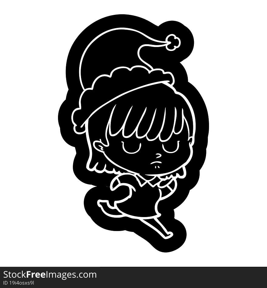 quirky cartoon icon of a woman wearing santa hat