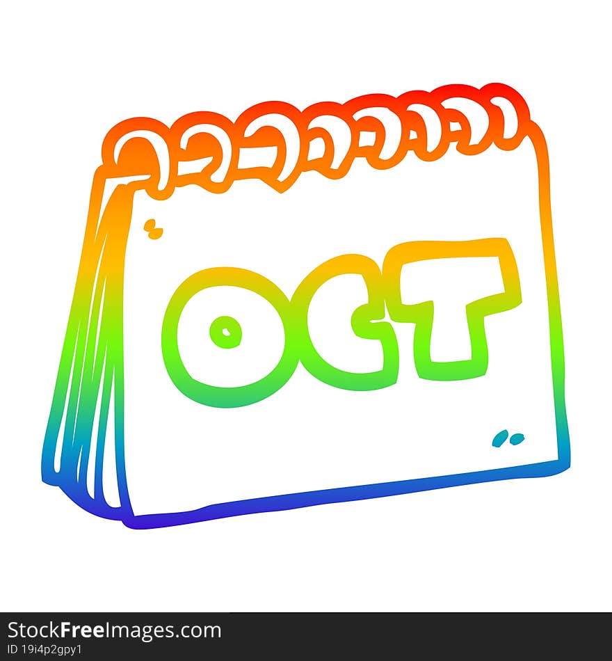 rainbow gradient line drawing cartoon calendar showing month of october