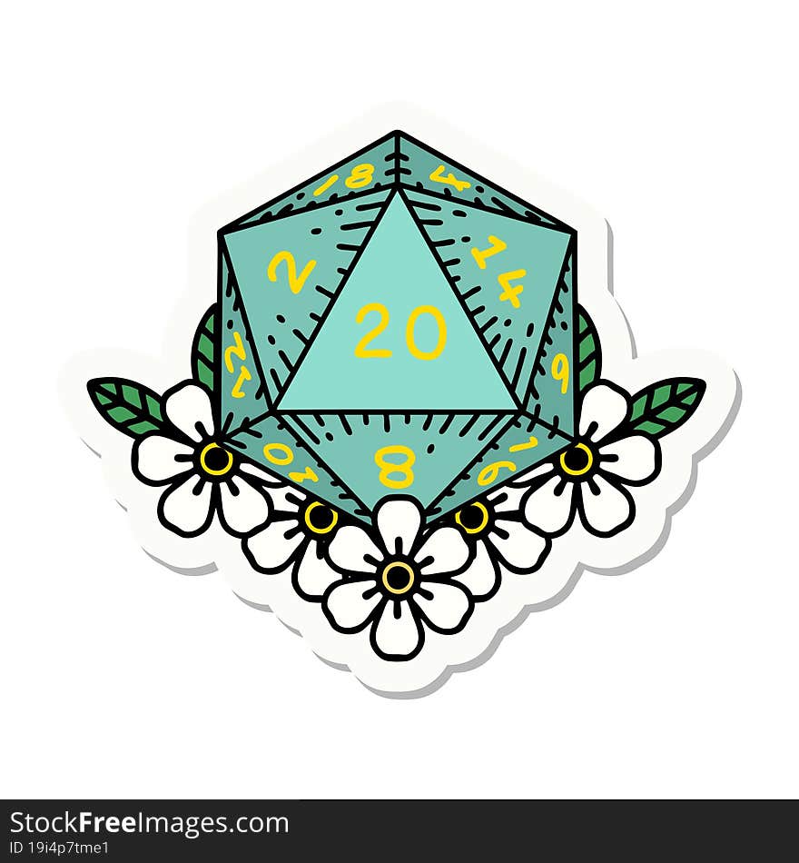 sticker of a natural 20 D20 dice roll with floral elements. sticker of a natural 20 D20 dice roll with floral elements