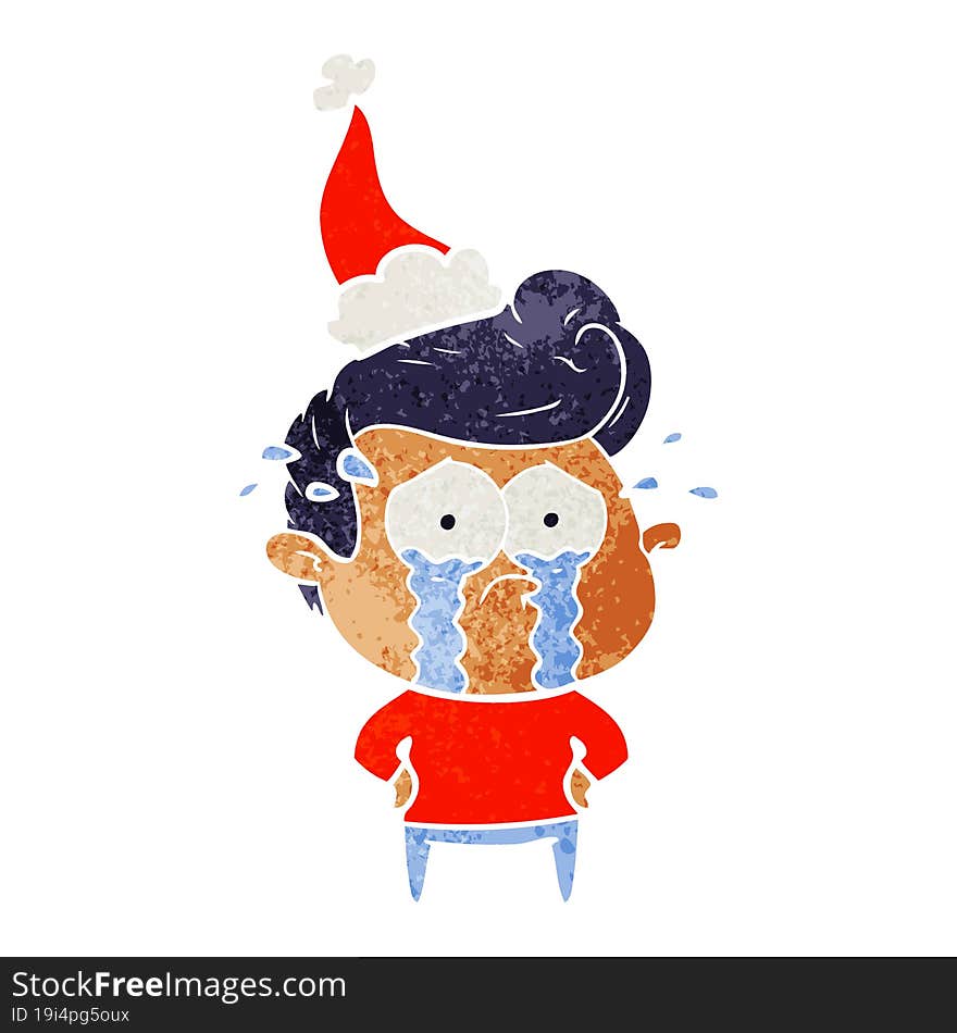 retro cartoon of a crying man wearing santa hat