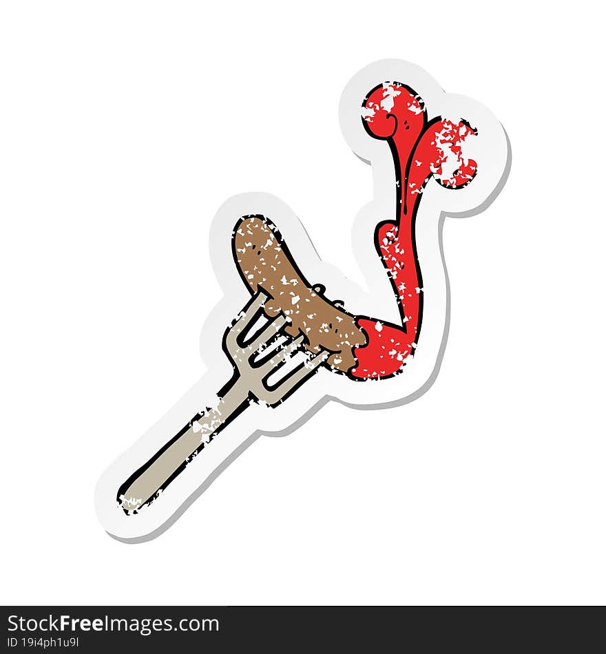 retro distressed sticker of a cartoon hotdog and ketchup