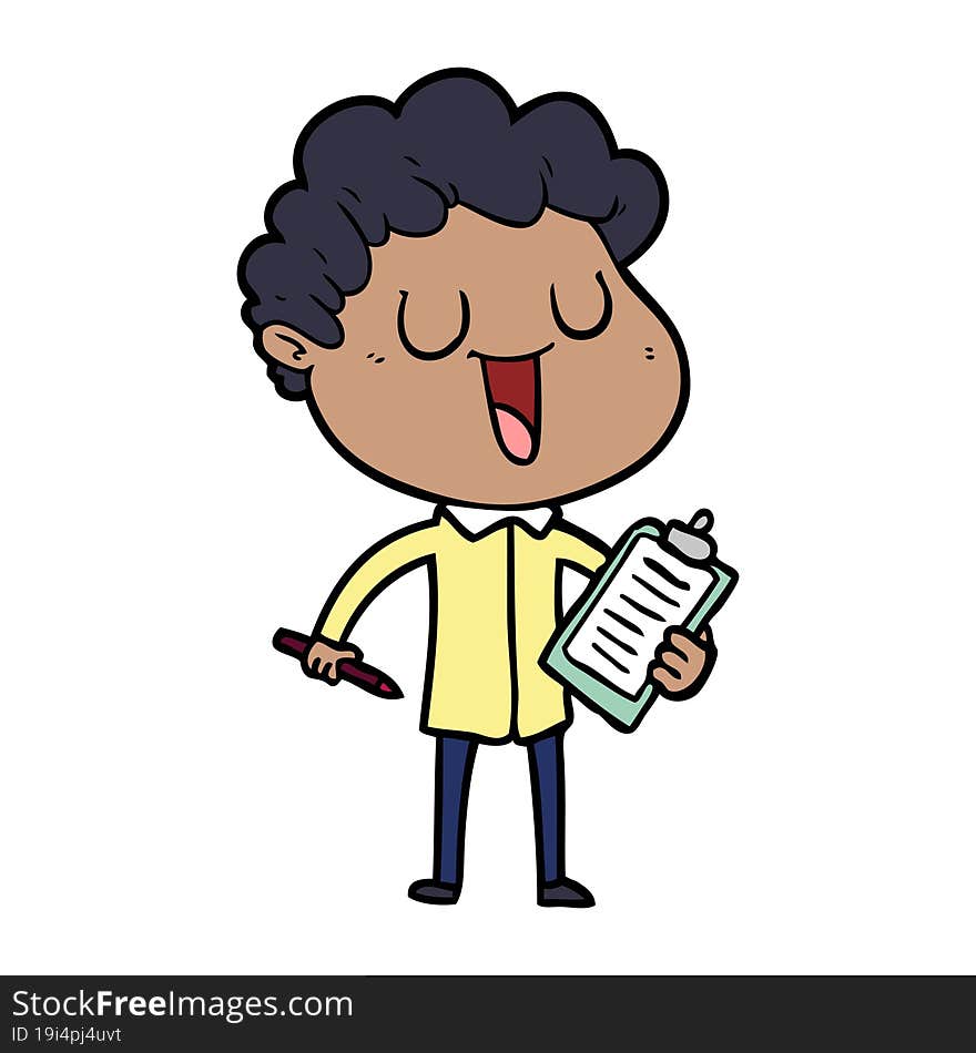 laughing cartoon man with clipboard and pen. laughing cartoon man with clipboard and pen