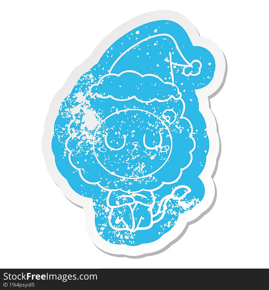 cartoon distressed sticker of a lion wearing santa hat