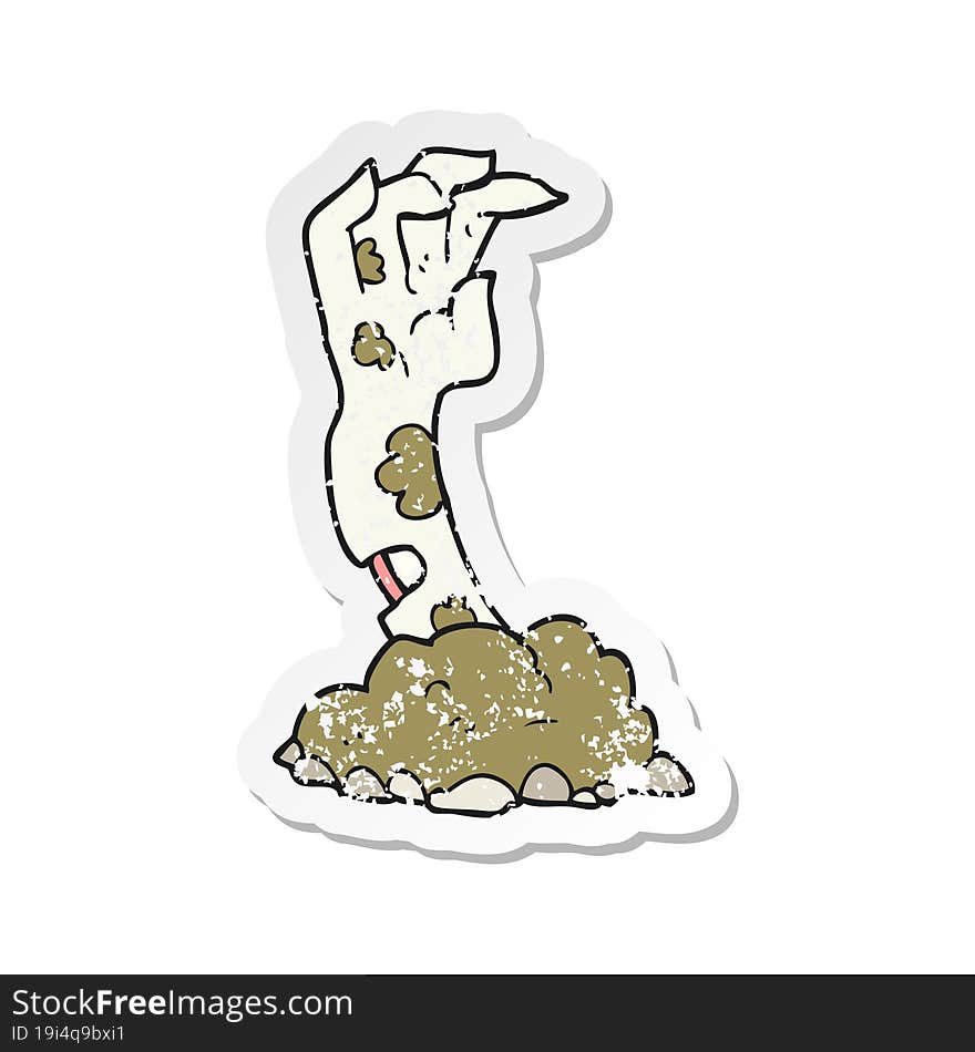 Retro Distressed Sticker Of A Cartoon Zombie Hand Rising From Ground