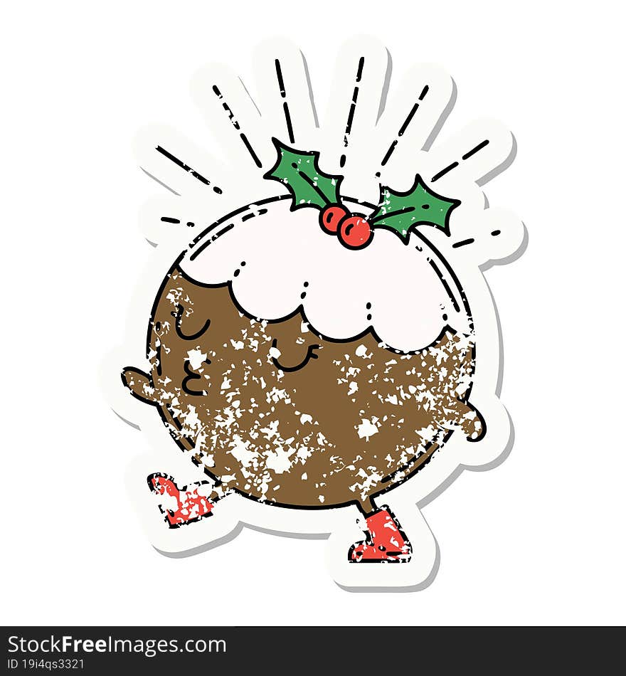 grunge sticker of tattoo style christmas pudding character walking