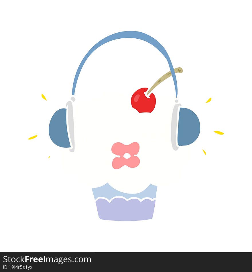 funny flat color style cartoon cupcake listening to music