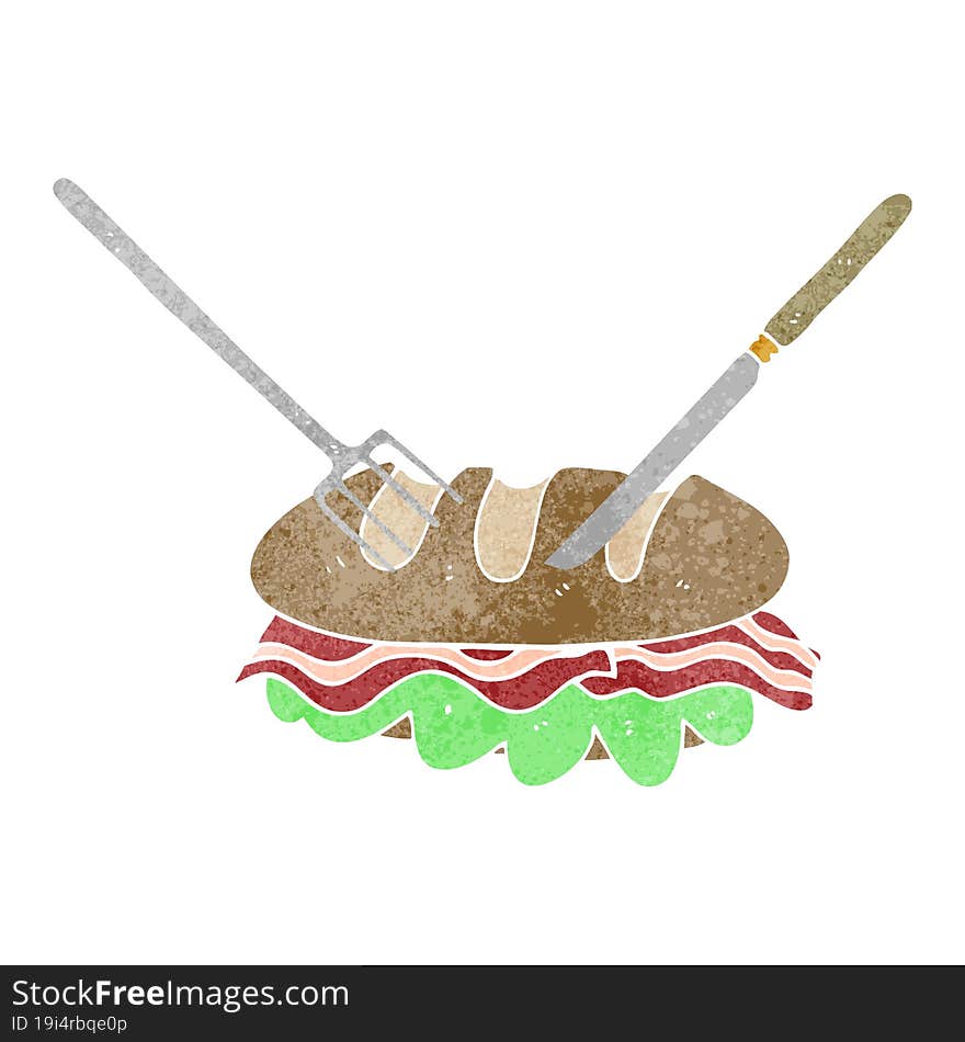 freehand drawn retro cartoon knife and fork cutting huge sandwich