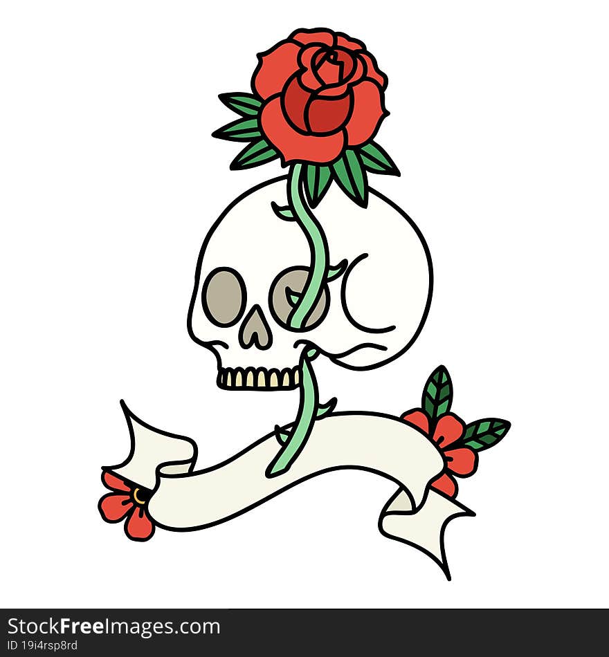 tattoo with banner of a skull and rose