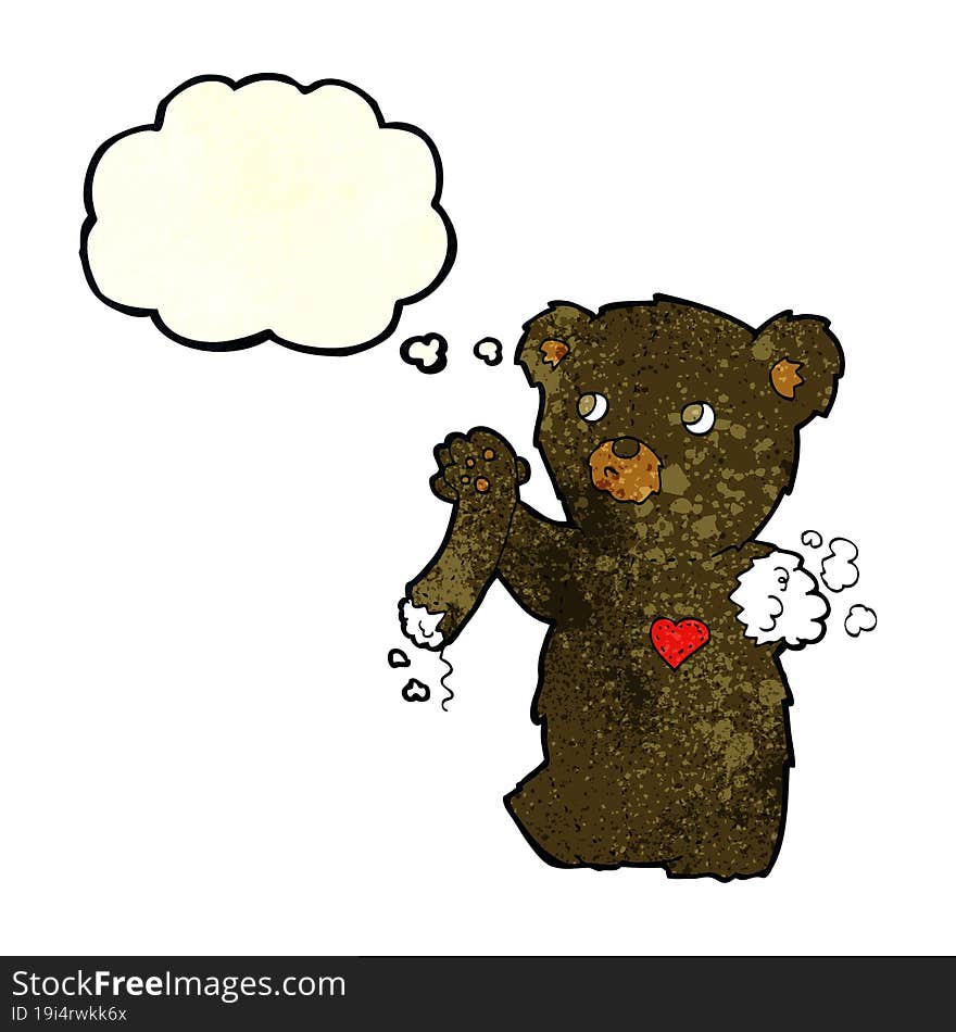 cartoon teddy black bear with torn arm with thought bubble