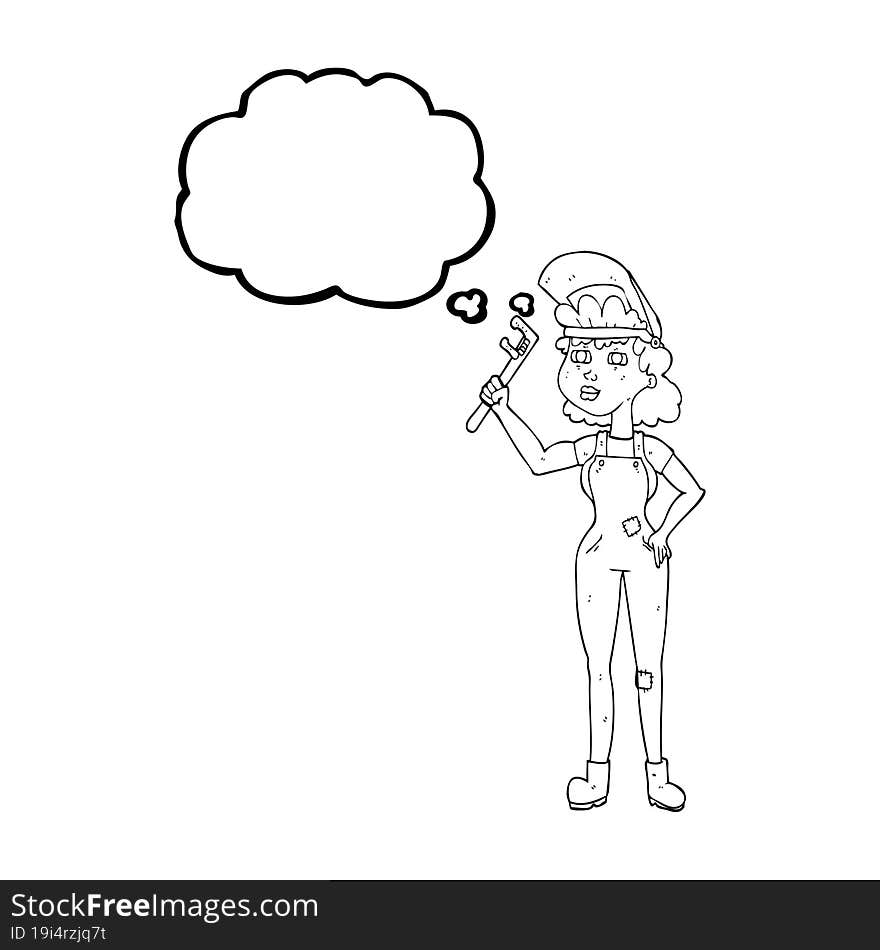 thought bubble cartoon capable woman with wrench