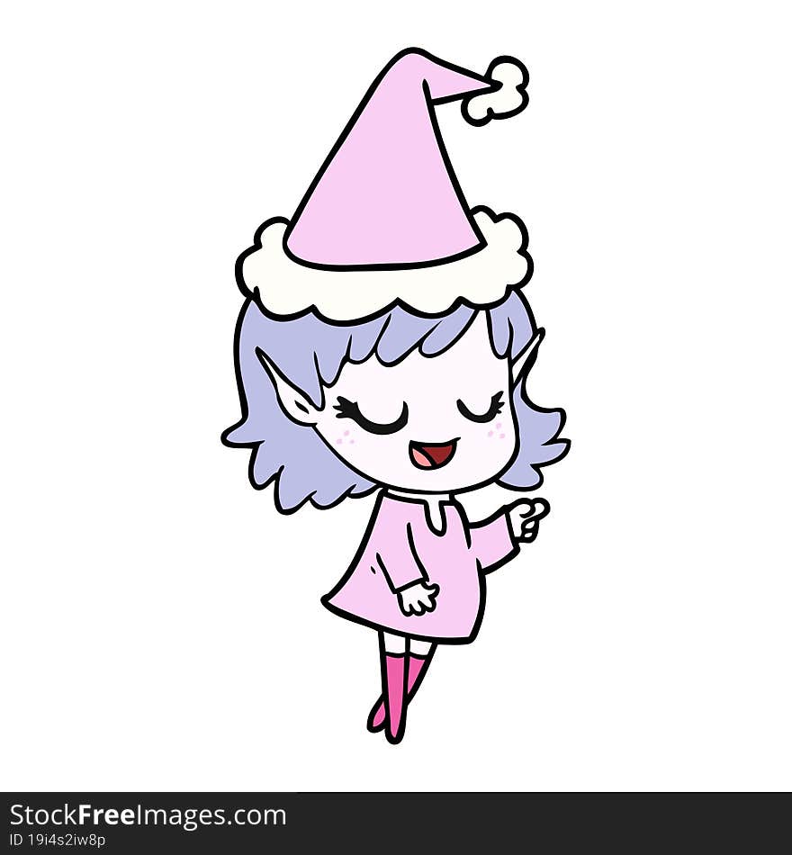 happy line drawing of a elf girl pointing wearing santa hat