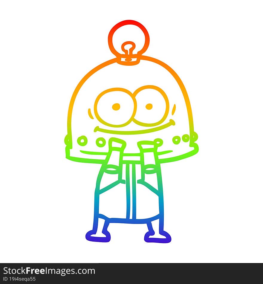 rainbow gradient line drawing happy carton robot with light bulb