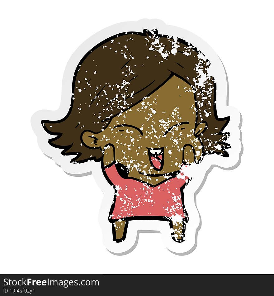 distressed sticker of a happy cartoon girl