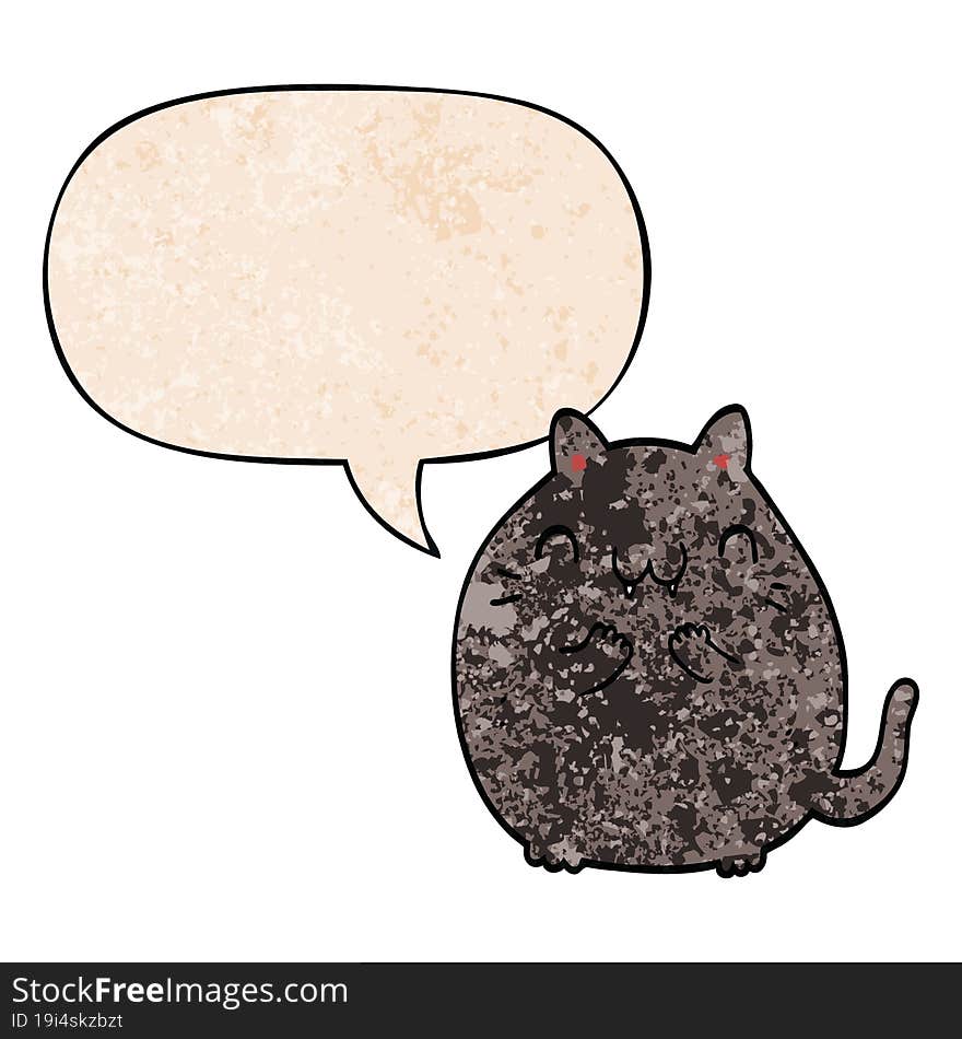 happy cartoon cat and speech bubble in retro texture style