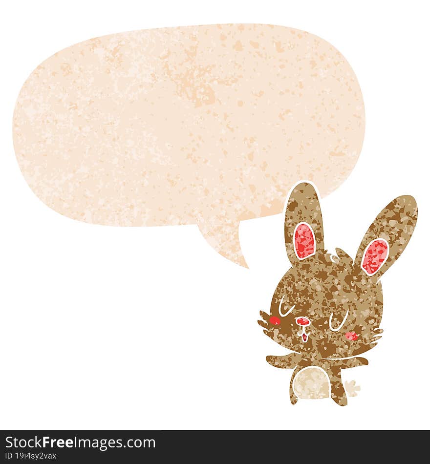 cute cartoon rabbit with speech bubble in grunge distressed retro textured style. cute cartoon rabbit with speech bubble in grunge distressed retro textured style