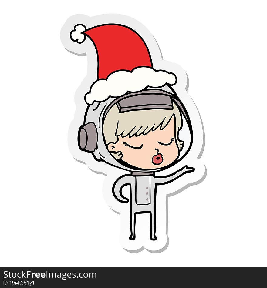 sticker cartoon of a pretty astronaut girl wearing santa hat