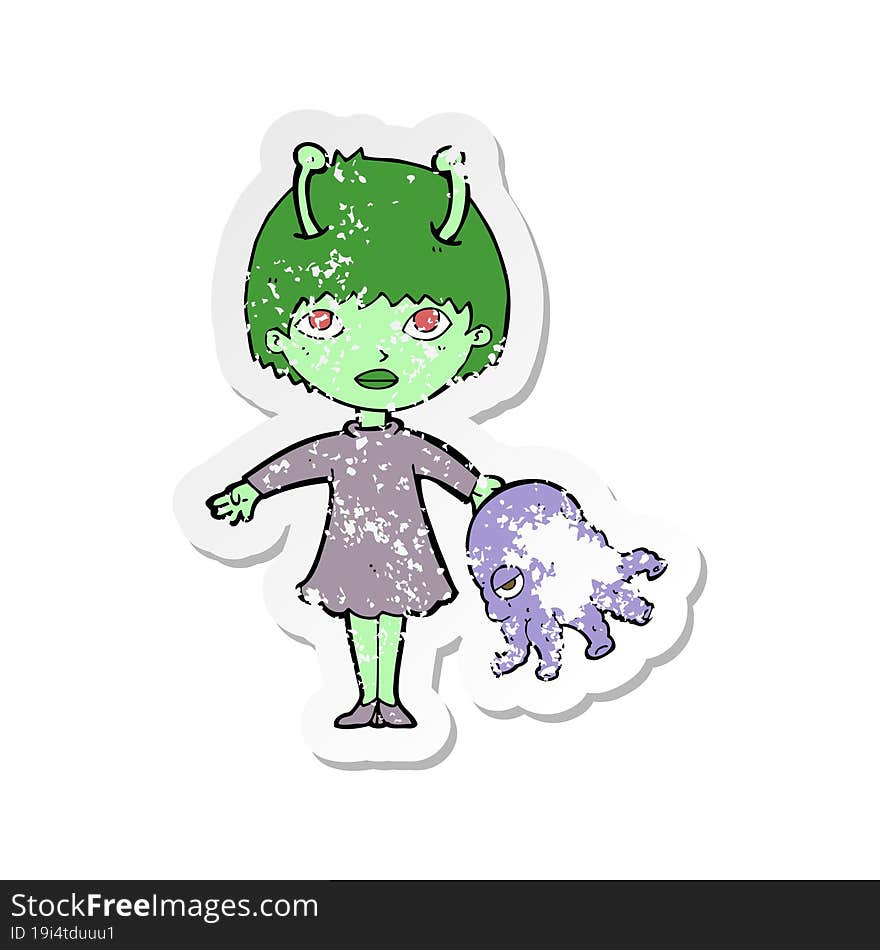 retro distressed sticker of a cartoon alien woman