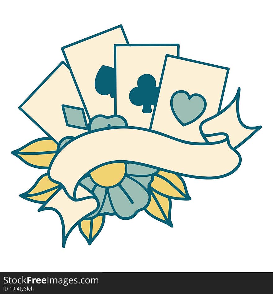 tattoo style icon of cards and banner