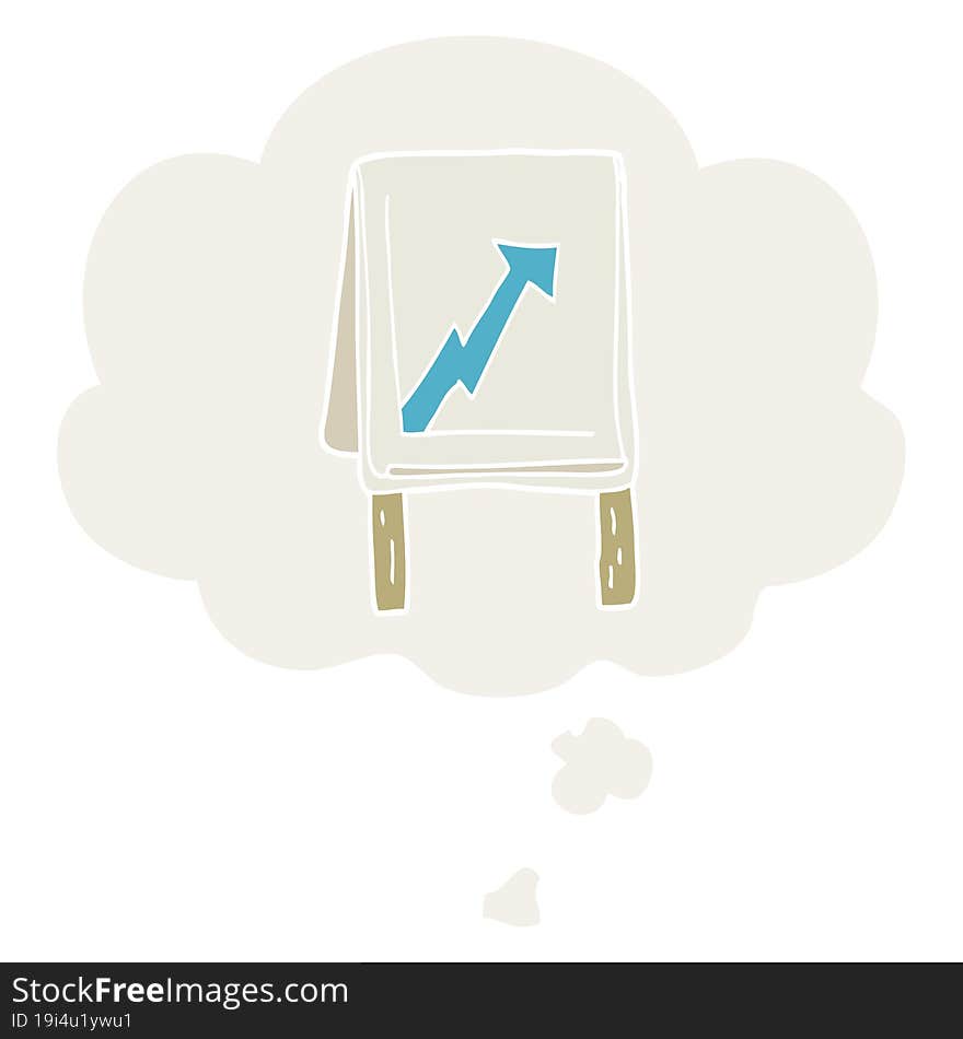 cartoon business chart with arrow with thought bubble in retro style