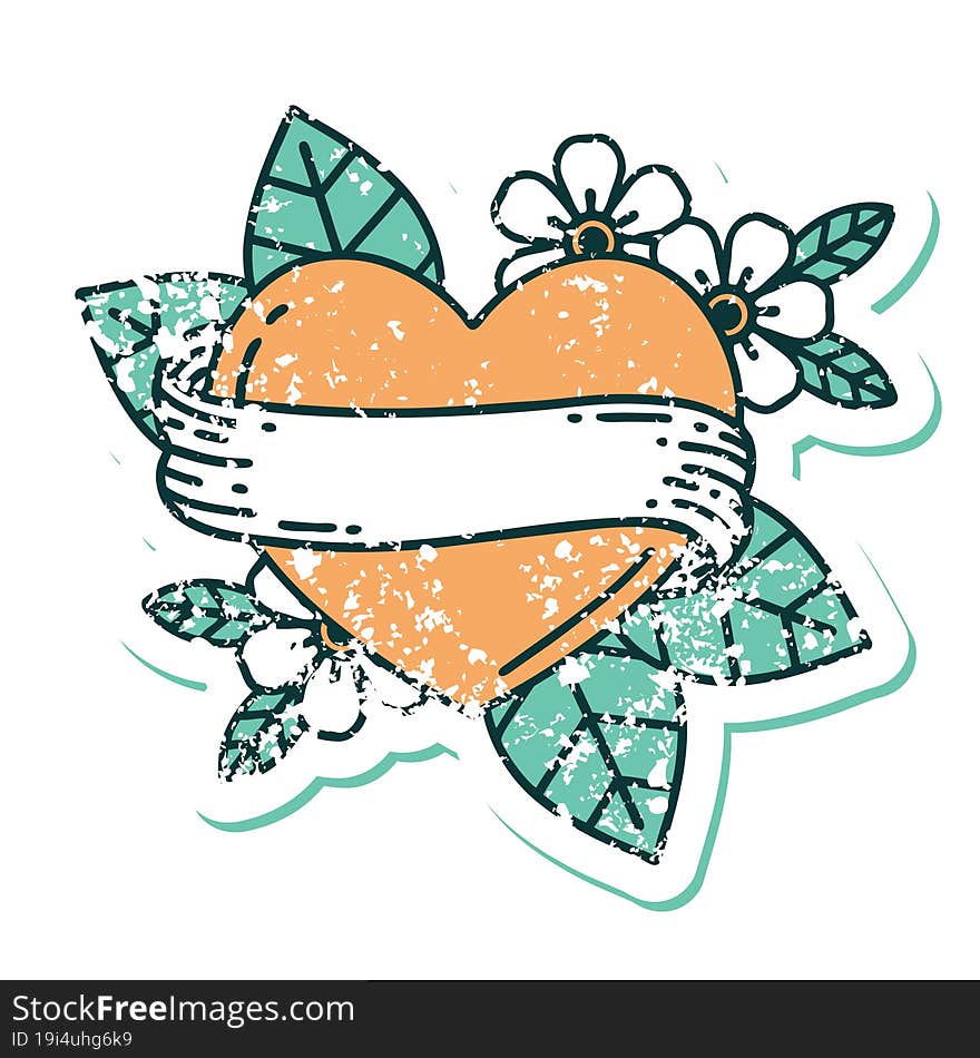 distressed sticker tattoo style icon of a heart and banner