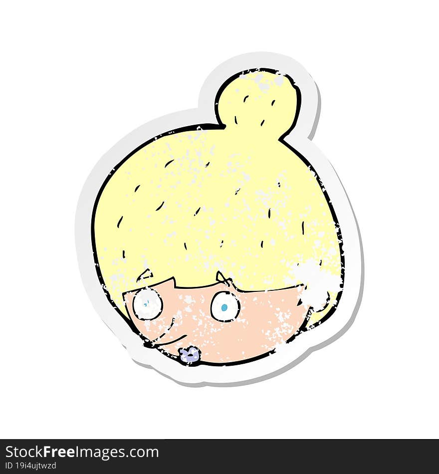 retro distressed sticker of a cartoon surprised womans face