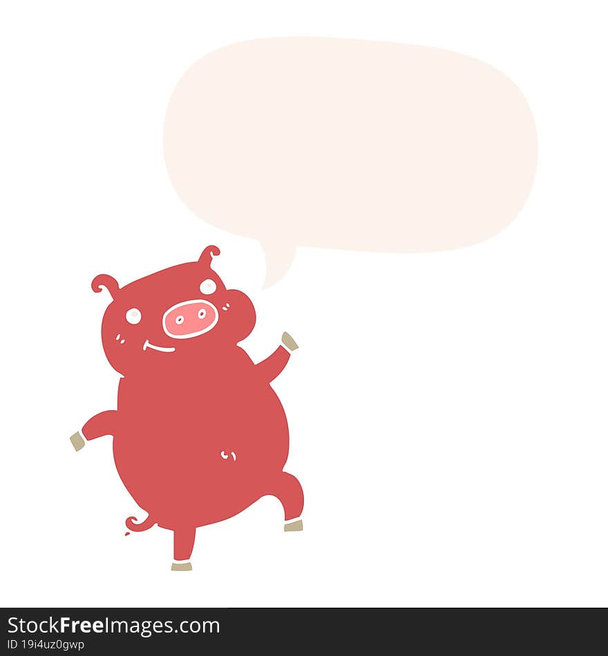 cartoon dancing pig and speech bubble in retro style