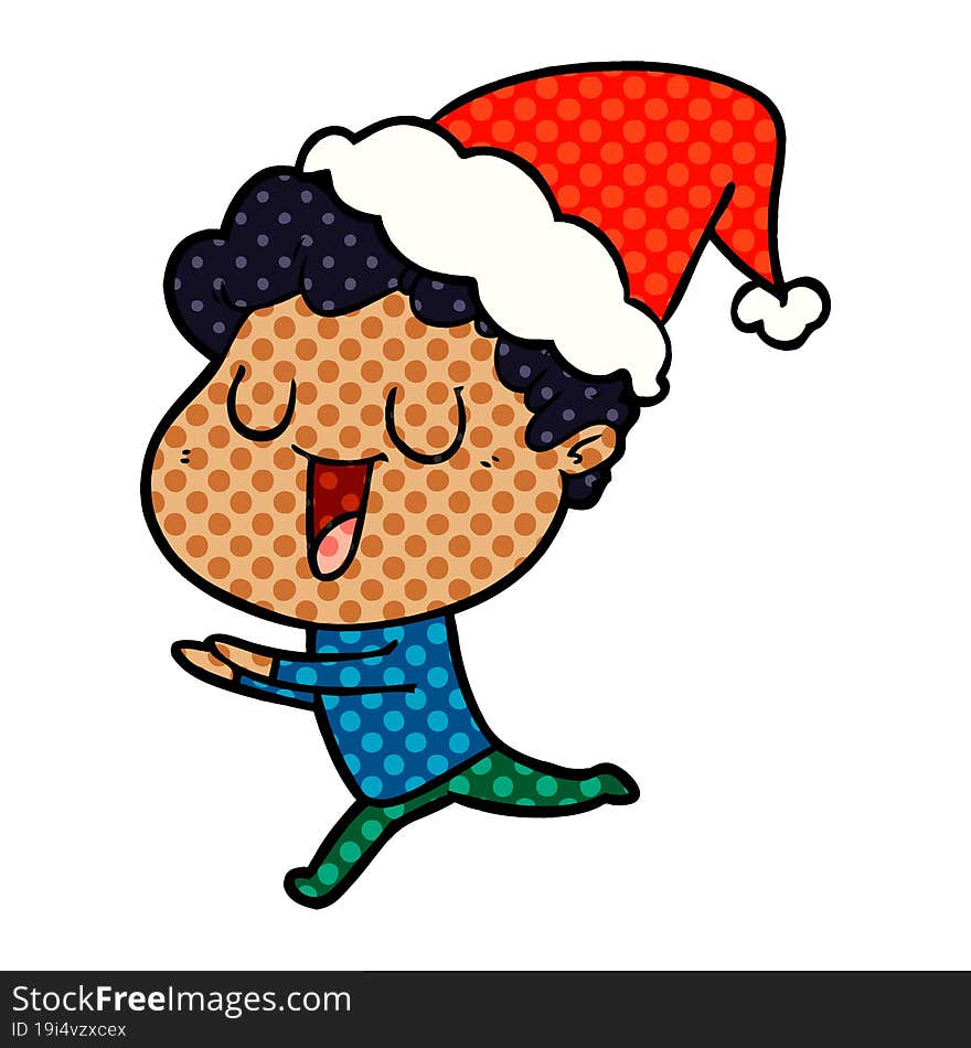 laughing comic book style illustration of a man running wearing santa hat