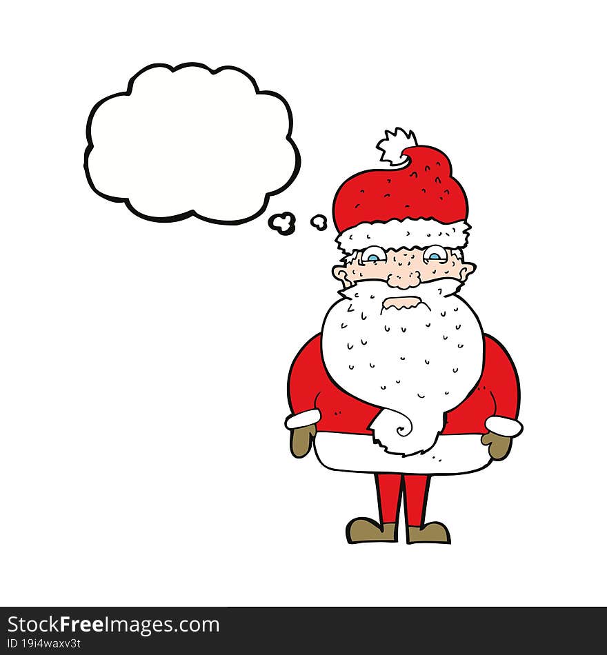 cartoon grumpy santa claus with thought bubble