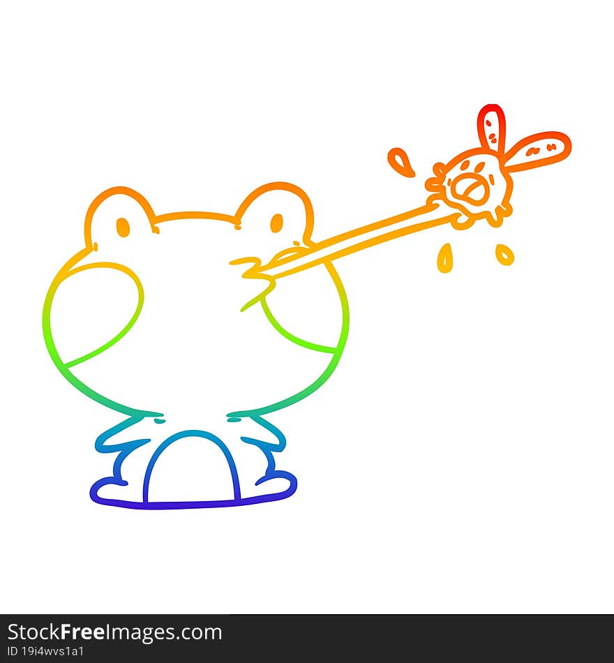 rainbow gradient line drawing of a cute frog catching fly with tongue