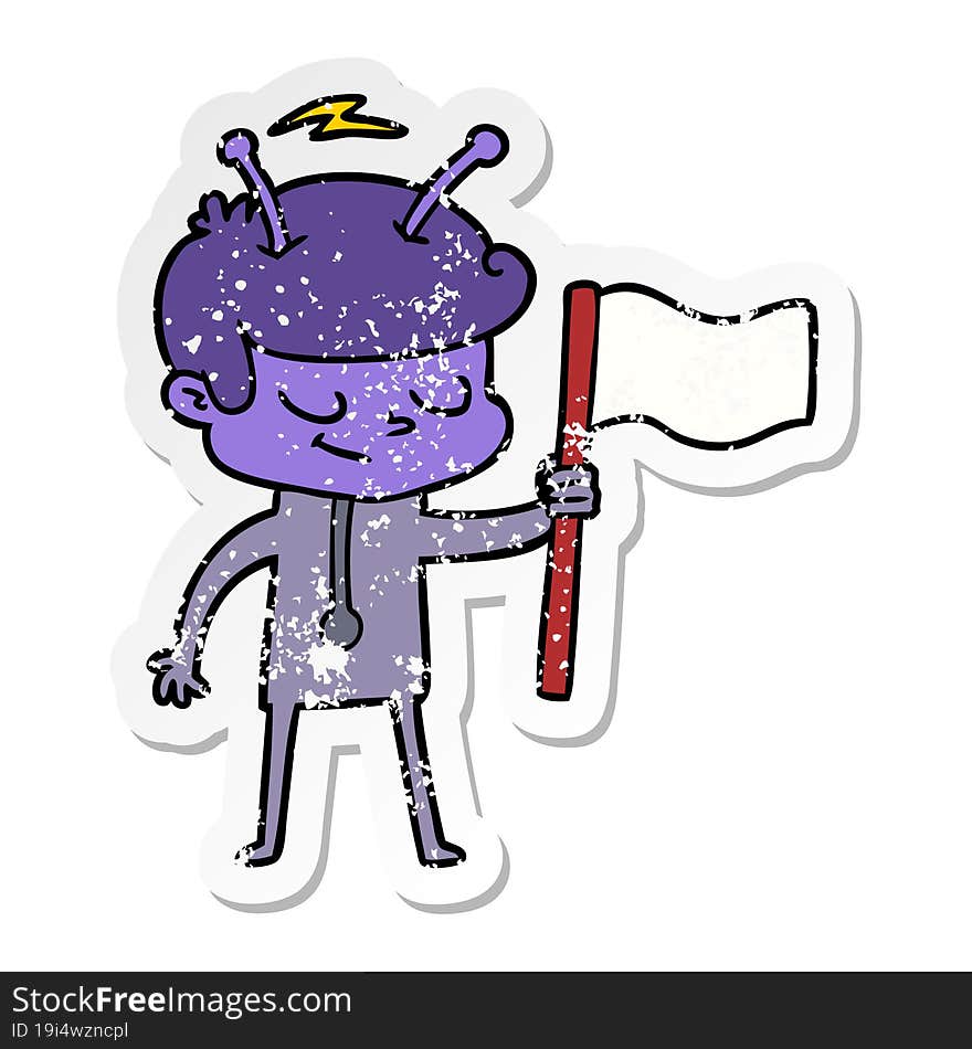 distressed sticker of a friendly cartoon spaceman with white flag