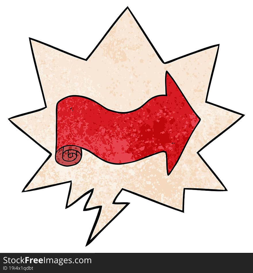 cartoon pointing arrow and speech bubble in retro texture style