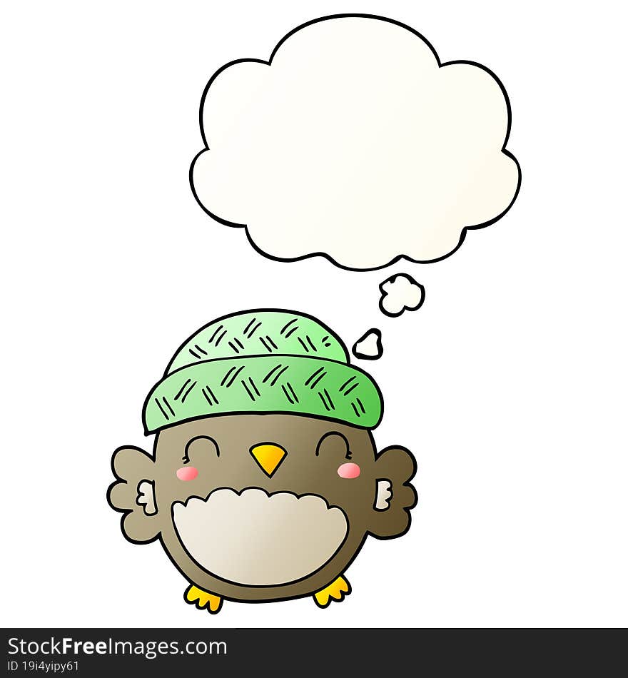 Cute Cartoon Owl In Hat And Thought Bubble In Smooth Gradient Style