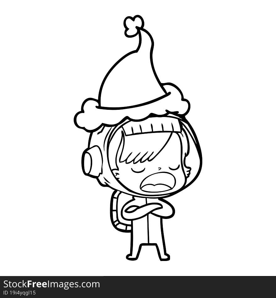 line drawing of a astronaut woman explaining wearing santa hat