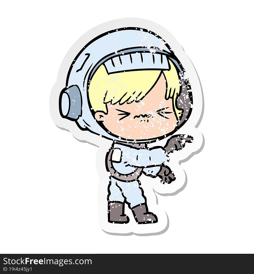 distressed sticker of a cartoon astronaut woman