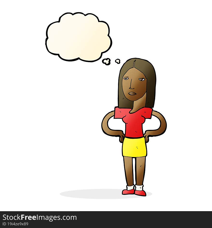 cartoon woman with hands on hips with thought bubble