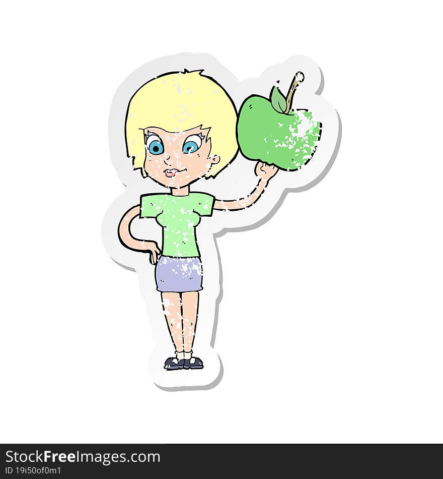 Retro Distressed Sticker Of A Cartoon Woman Holding Apple