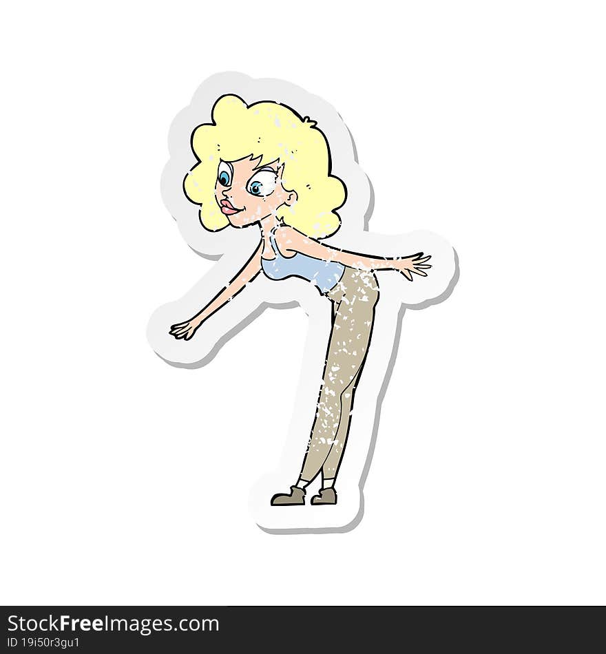retro distressed sticker of a cartoon woman reaching to pick something up