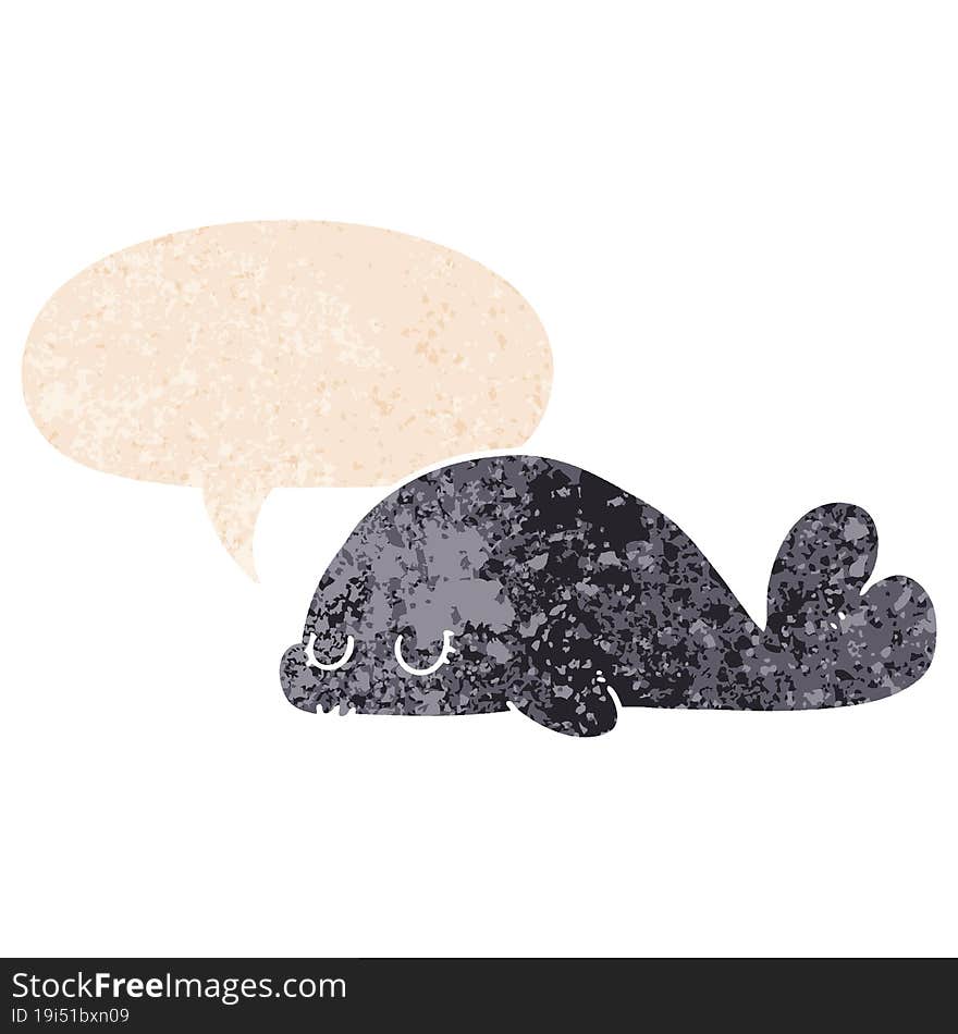 cute cartoon seal and speech bubble in retro textured style