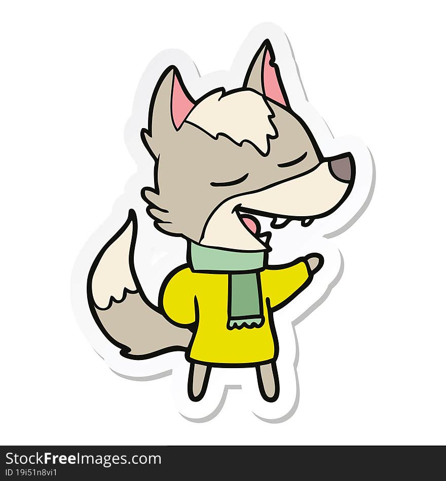 sticker of a cartoon wolf in scarf laughing