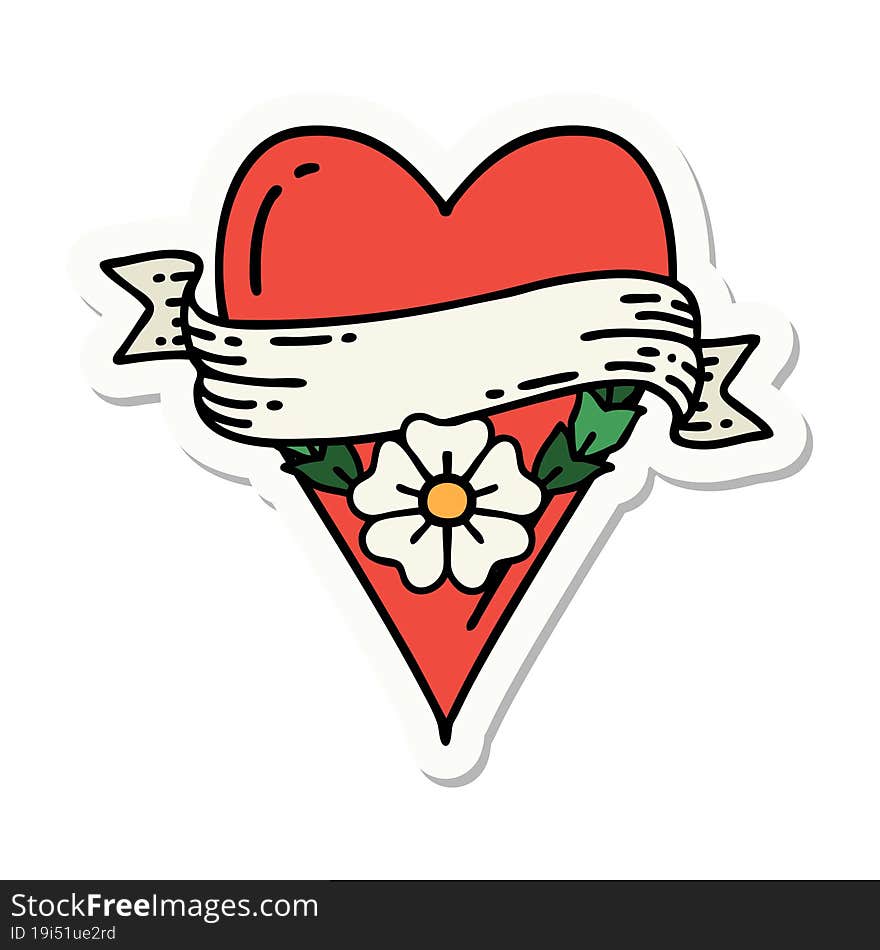 sticker of tattoo in traditional style of a heart flower and banner. sticker of tattoo in traditional style of a heart flower and banner