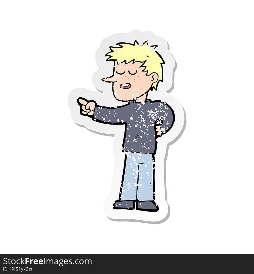 retro distressed sticker of a cartoon man pointing