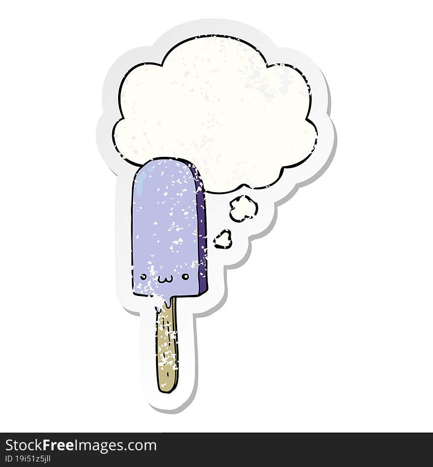 cartoon ice lolly and thought bubble as a distressed worn sticker