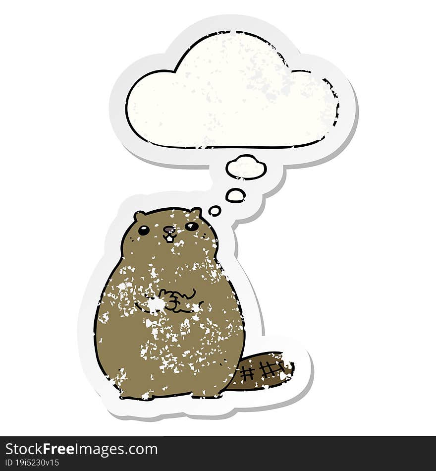 cartoon beaver and thought bubble as a distressed worn sticker