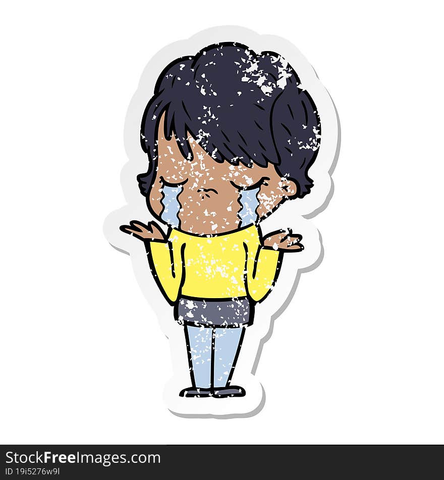 distressed sticker of a cartoon woman crying