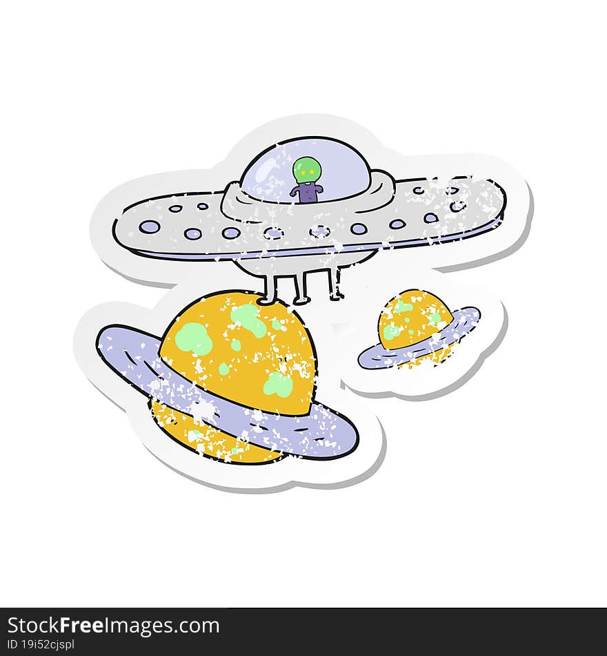 retro distressed sticker of a cartoon flying saucer in space