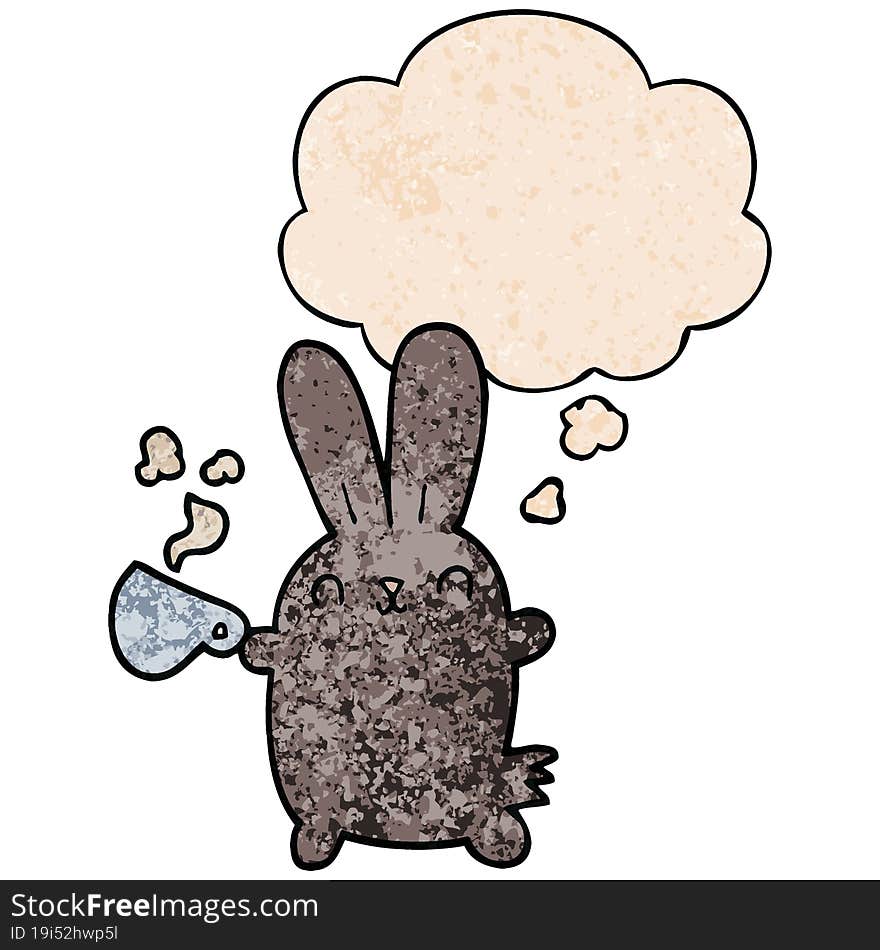 cute cartoon rabbit with coffee cup with thought bubble in grunge texture style. cute cartoon rabbit with coffee cup with thought bubble in grunge texture style