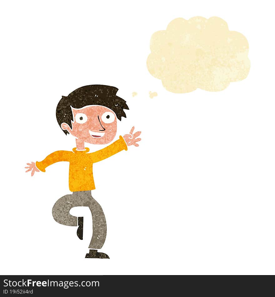 cartoon excited boy dancing with thought bubble