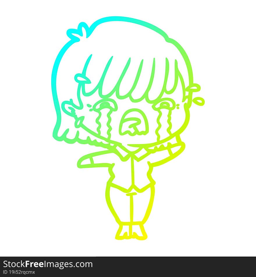 cold gradient line drawing of a cartoon girl crying